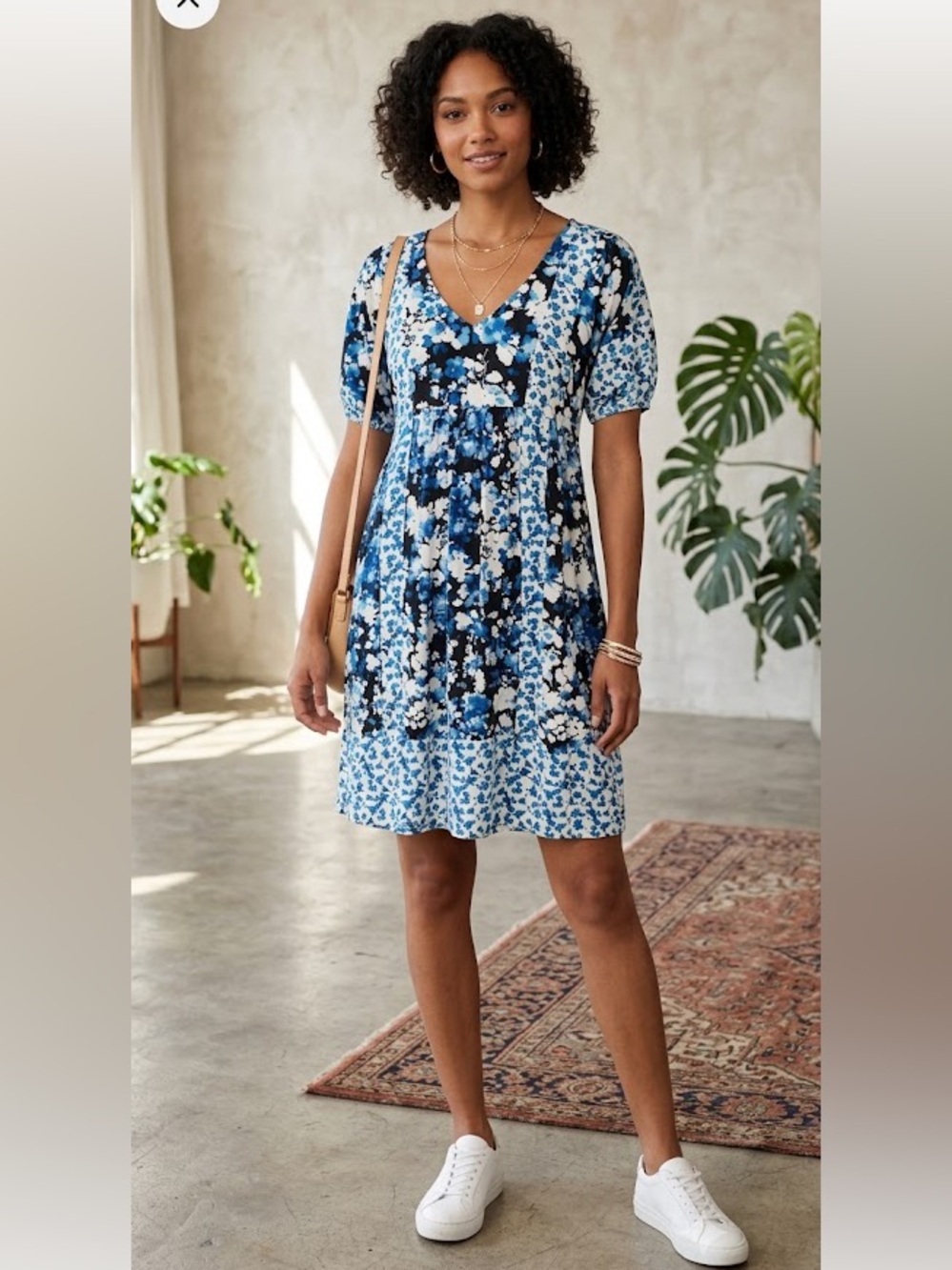 Lapis Blue and White Puff Sleeve Mini Dress, Floral Sundress women’s size medium